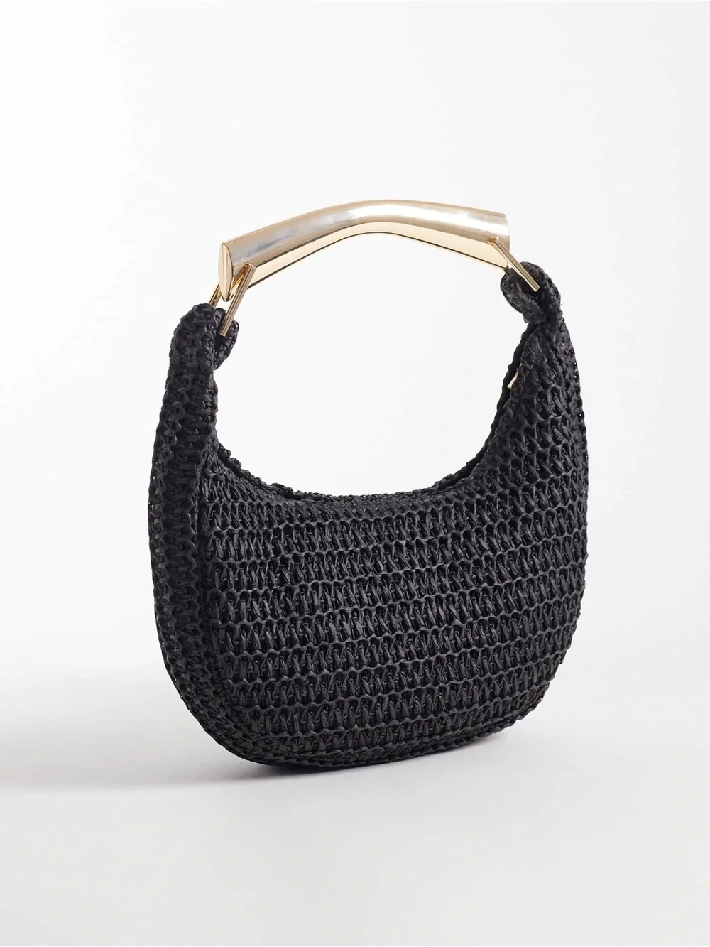 Black Woven Raffia Bag with Gold Bar Handle NWOT